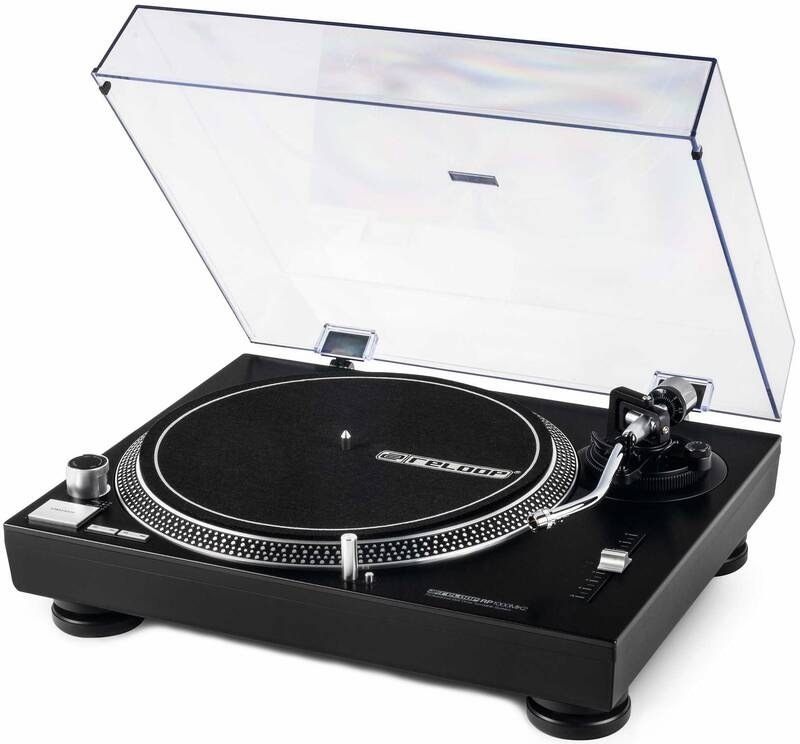 gramofon Reloop RP-1000 MK2 s otevřeným protiprachovým krytem a kovovou konstrukcí