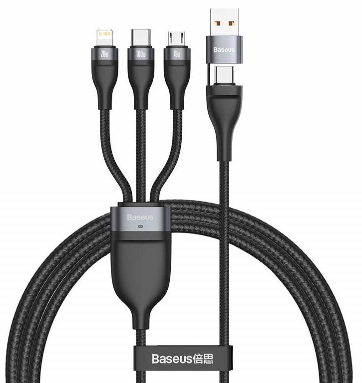 Kabel Baseus Flash Series 3v2, USB/USB-C na MicroUSB/Lightning/USB-C 100W, 1,2m černý