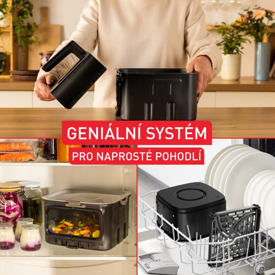  Fritéza horkovzdušná Tefal EY8468E0 Easy Fry Silence rozdělená na části a v myčce