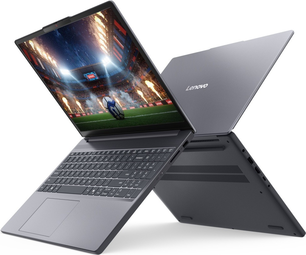 Notebook Lenovo IdeaPad Slim 3 15IPH11 šedý Dva rozevřené laptopy IdeaPad Slim 3 s viditelnými porty na obou stranách počítače