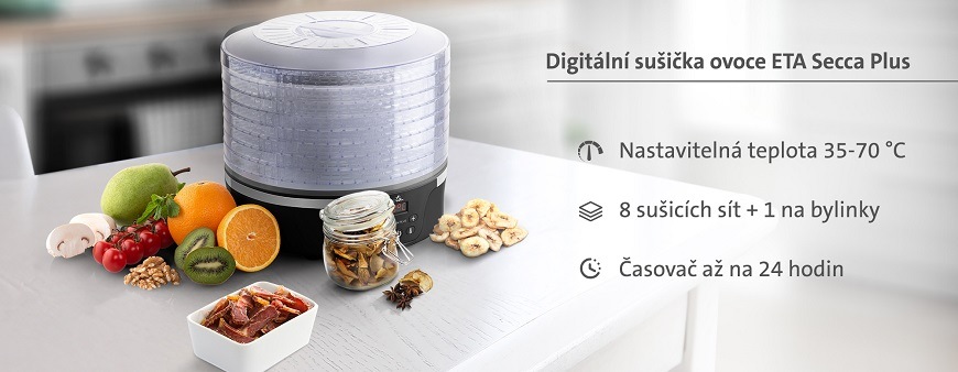 Sušička ovoce ETA Secca Plus 8301 90000 černá Banner s digitální sušičkou ovoce ETA Secca Plus, která ukazuje klíčové parametry: Nastavitelná teplota 35-70 °C, 8 sušicích sít + 1 na bylinky a Časovač až na 24 hodin.