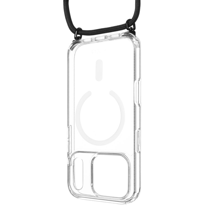 Kryt na mobil FIXED MagPure Neck s černou šňůrkou na krk na Apple iPhone 17 Pro - průhledný