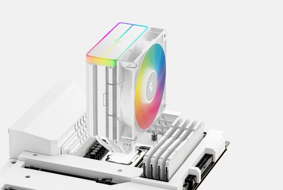 Chladič CPU DeepCool AG400 ARGB V2 White bílý Bílá základní deska počítače s RGB chladičem CPU. Chladič se vyznačuje zářivým duhovým osvětlením a bílým ventilátorem, což vytváří elegantní a moderní vzhled.