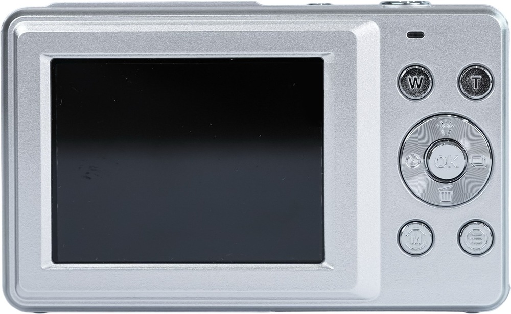 Digitální fotoaparát Yashica DigiPix 100 stříbrný Zadní strana kompaktního fotoaparátu Yashica DigiPix 100 s displejem a ovládacími tlačítky