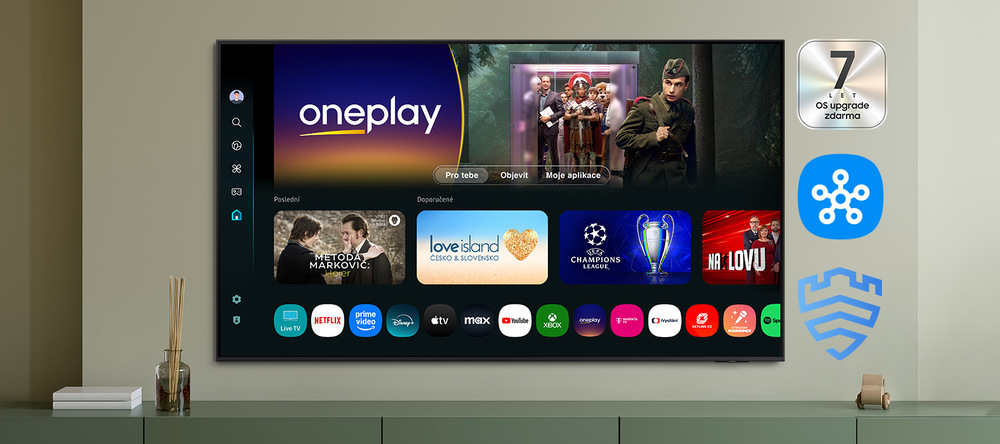 Televize Samsung QE100QN80F Televize Samsung QE100QN80F - Televizní obrazovka zachycuje domovskou stránku operačního systému Tizen.