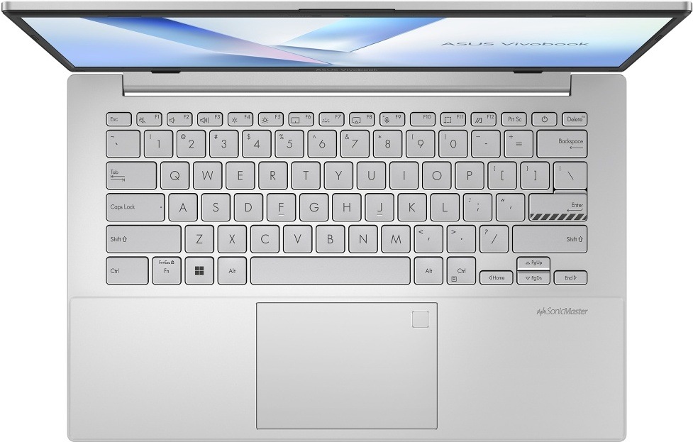 Pohled shora na klávesnici, touchpad a čtečku otisku prstů notebooku ASUS Vivobook Go 14