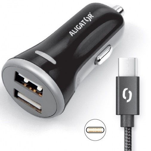 Adaptér do auta Aligator 2xUSB, smart IC, 3,4A + USB-C kabel černý