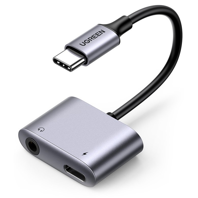 Redukce UGREEN USB-C/USB-C PD + 3.5mm Jack šedá