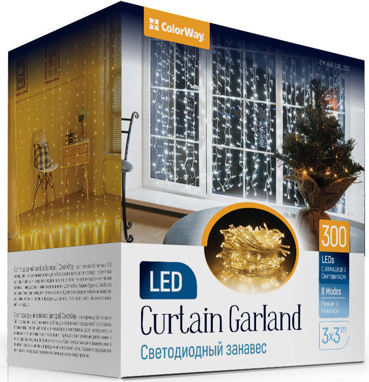 Vánoční osvětlení ColorWay vnitřní, 300 LED, 3× 3m, 220–240V AC, teplá bílá