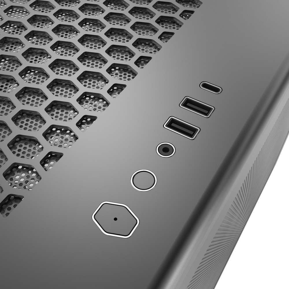 Pohled na pC skříň shora, kde jsou vidět porty pro připojení externích zařízení.
