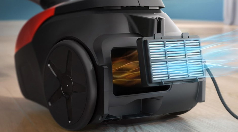 Sáčkový vysavač Philips XD1111/10 Series s filtračním systémem pro zachycení jemných nečistot.