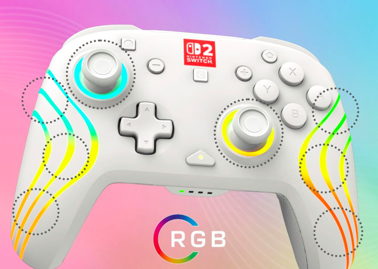 Osm samostatných RGB zón bílého gamepadu Afterglow Wave s barevnými efekty