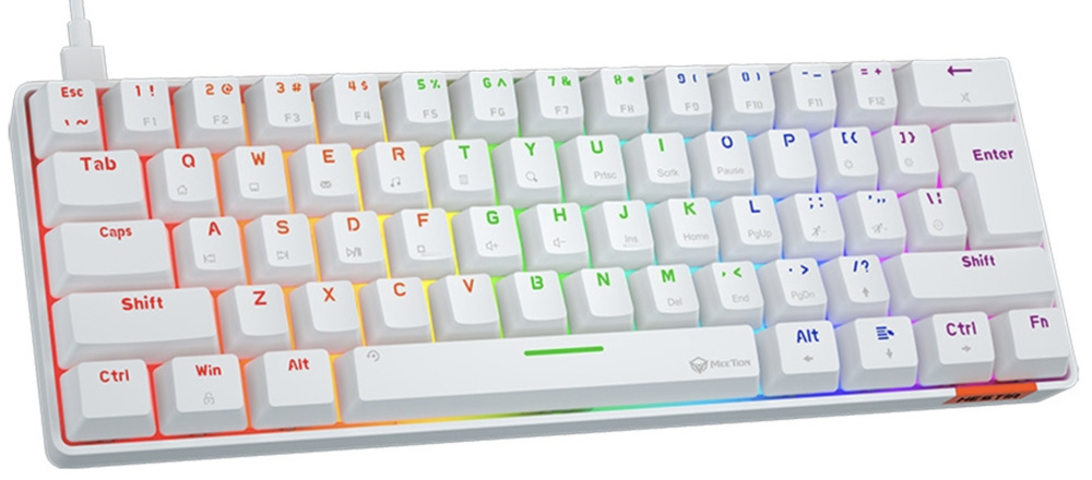 Klávesnice Meetion HESTIA, US layout bílá Meetion HESTIA z horního úhlu s 60% rozložením a podsvícenými klávesami