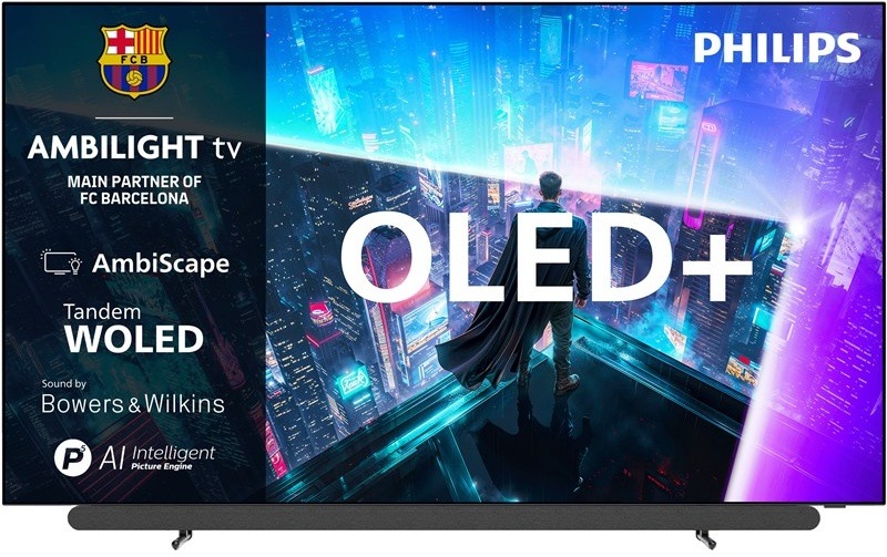 Televize Philips 65OLED911 Televize Philips OLED+ 911 s Ambilight a integrovaným soundbarem, marketingový partner FC Barcelona.