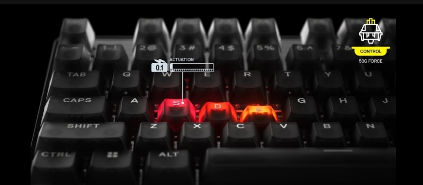 Klávesnice SteelSeries Apex Pro TKL Gen 3 Steel - CZ černá Detail kláves Apex Pro TKL Gen 3 Steel s ukazatelem aktivace 0,1 mm a označením spínačů Control