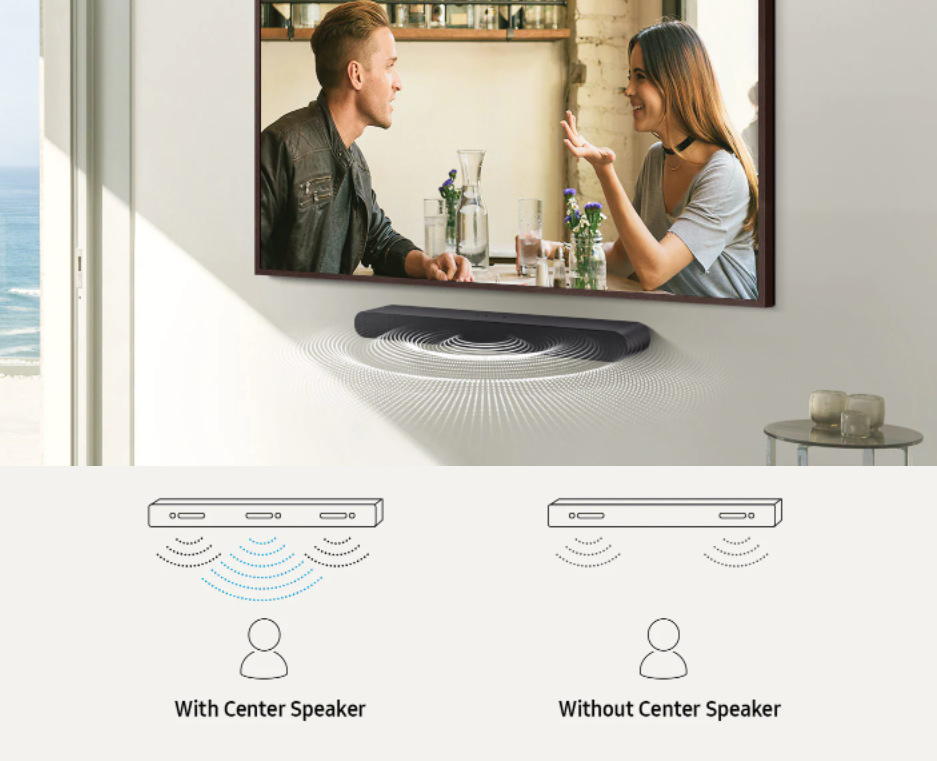 Soundbar Samsung HW-S50B černý Televizní obrazovka je zavěšená na zdi a pod ní je zavěšený soundbar, z nějž vycházejí bílé kroužky znázorňující zvuk, pod fotografií jsou dva nákresy, vlevo soundbar, z nějž směrem k postavičce vycházejí obloučky z okrajů i středu, nápis With Centre Speaker, vpravo týž obrázek, ale kroužky vycházejí jen z okraje soundbaru, nápis Without Centre Speaker