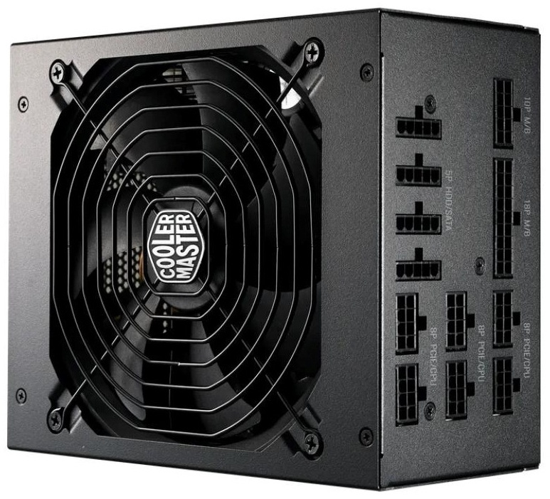 Na obrázku je černý napájecí zdroj Cooler Master s velkým ventilátorem a ochrannou mřížkou na jedné straně a modulárními porty na druhé. Konektory jsou určené pro základní desku, procesor, grafickou kartu a SATA/HDD, takže lze připojit jen potřebné kabely. Zdroj působí robustně, přehledně a technicky.