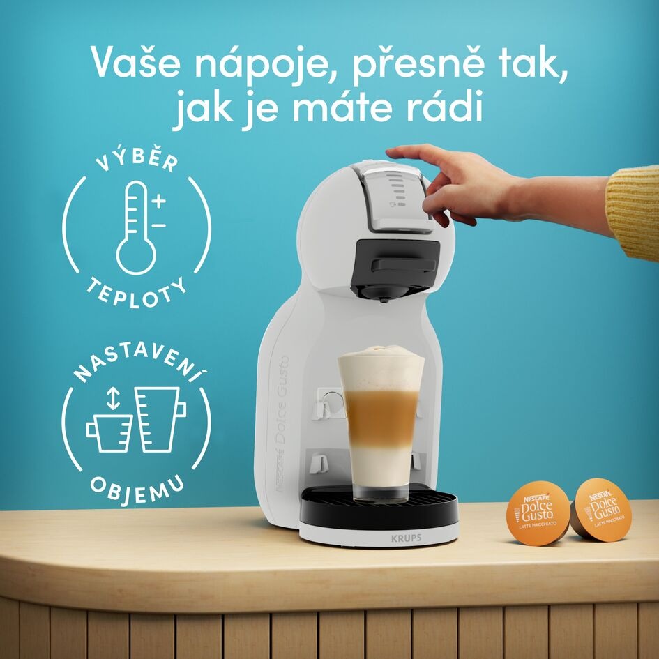 Nastavení teploty a objemu na kávovaru Krups KP143GF0 NESCAFÉ Dolce Gusto Mini Me 2 Artic Grey