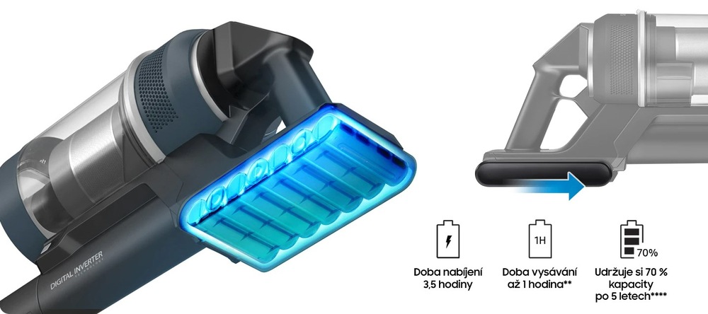 Tyčový vysavač Samsung BESPOKE Jet pet VS20A95823W/GE bílý Modře zvýrazněná baterie vysavače Samsung Bespoke Jet Pet VS20A95823W/GE, vpravo nákres zasunutí baterie do vysavače, dole informace o době nabíjení, době vysávání a kapacitě baterie