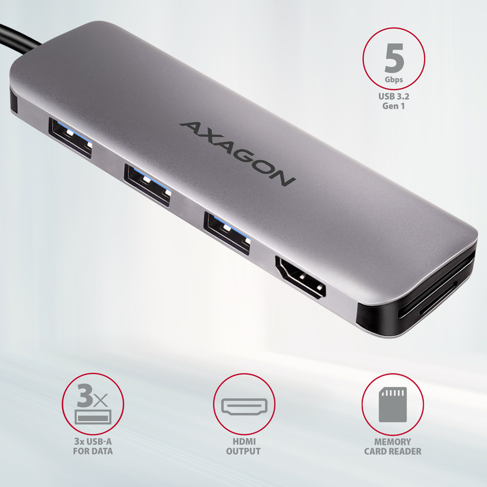 USB Hub Axagon USB 3.2 Gen 1 hub, 3x USB-A, HDMI 4k/30Hz, SD/microSD, kabel USB-C 20cm šedý