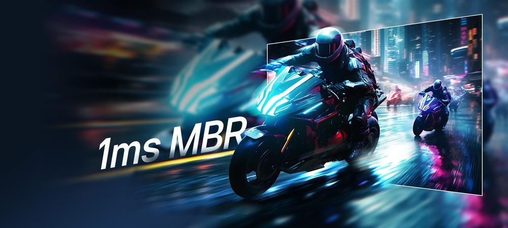 Záběr ze hry s futuristickým pouličním motocyklovým závodem ozářený neonovými světly ve vysoých rychlostech s textem 1 ms MBR, poukazující na nízkou odezvu.