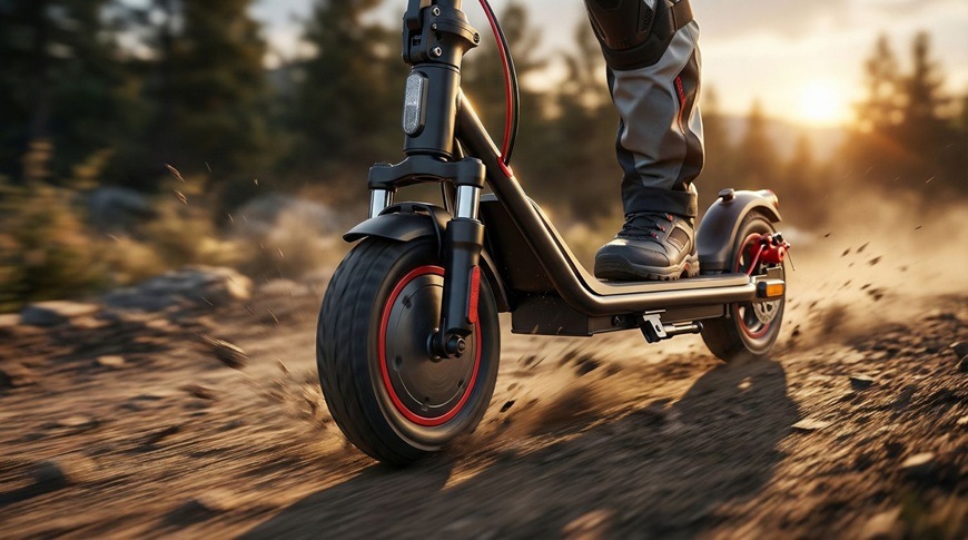 Detail jízdy na elektrické koloběžce Sencor SCOOTER S31 zachycuje přední kolo při pohybu po nerovném terénu, kdy se pod ním zvedá prach a drobné kamínky. Robustní konstrukce a výrazné červené detaily podtrhují dynamiku i stabilitu při jízdě.