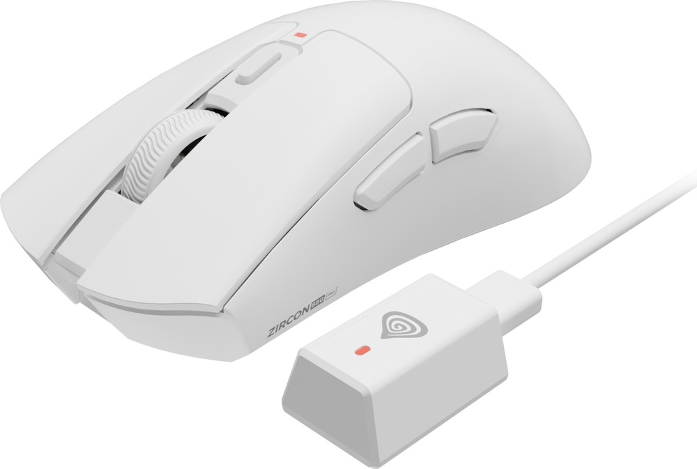 Myš Genesis Zircon 880 PRO bílá Bílá herní myš Genesis Zircon 880 PRO z bočního pohledu se dvěma tlačítky u palce. Vedle ní je kabelově připojený bezdrátový přijímač 8K s červenou kontrolkou.