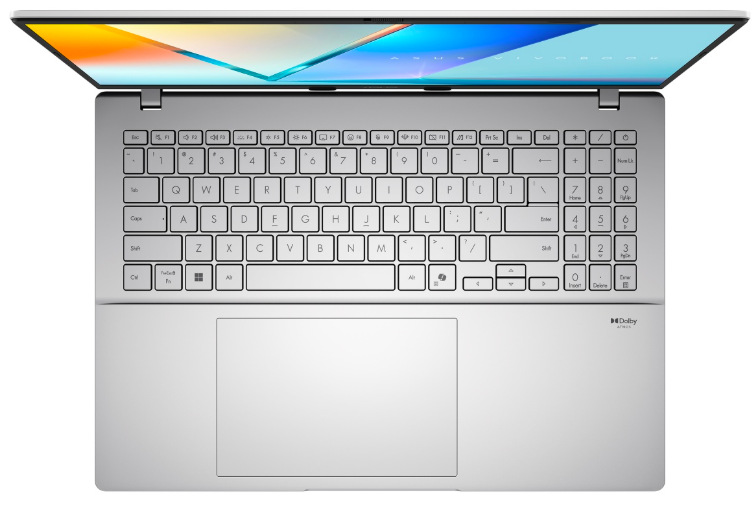 ASUS Vivobook S16 s otevřeným OLED displejem, klávesnicí a velkým touchpadem