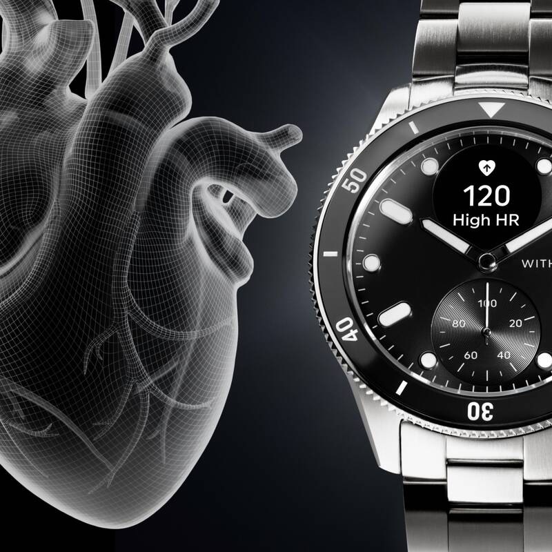 Hodinky Withings ScanWatch Nova zobrazují měření vysoké srdeční frekvence vedle 3D modelu srdce.