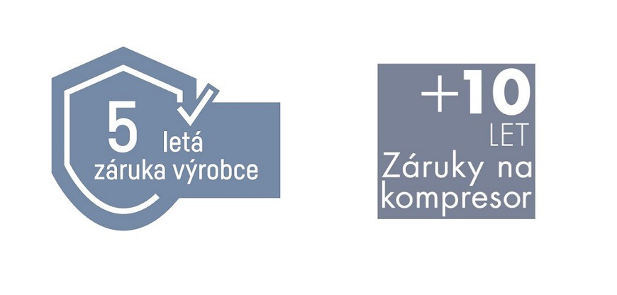 Dvě loga prodloužené záruky: první je 5letá záruka na celý spotřebič, toto logo je v modrého štítu. Druhé logo je 10 let na kompresor, toto logo je v šedém čtverci.