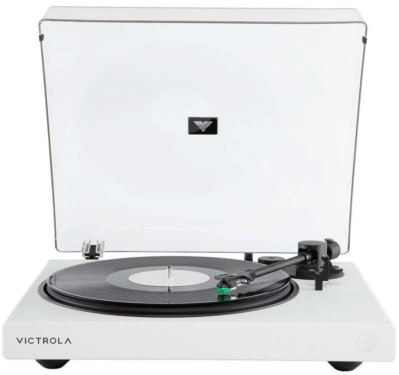 Victrola VPT-1520 Wave bílý gramofon s průhledným prachovým krytem, hliníkovým talířem a raménkem s přenoskou