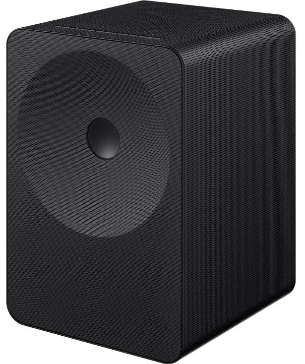 Reproduktor Samsung HW-LS70H Studio 7 v černém provedení natočený do boku na bílém pozadí.