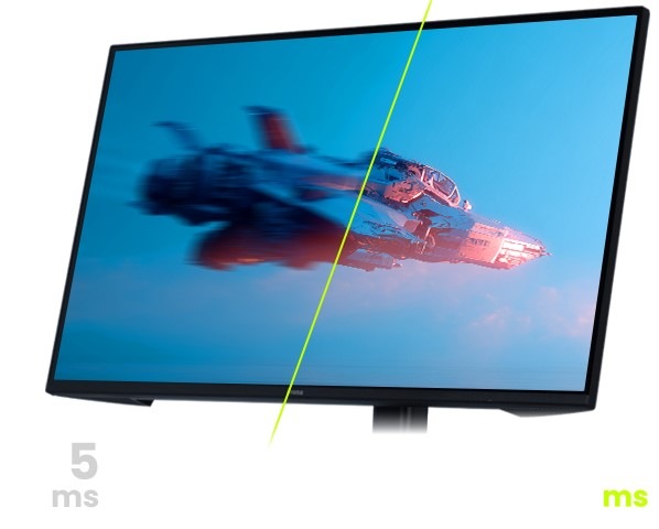 Herní monitor IIYAMA G-Master GB2771HSU-W1 bílý na monitoru je stíhačka, přičemž jedna polovina obrazovky je rozmazaná a druhá krásně čitelná. Díky tomu si užijete věrné herní podání s přizpůsobením obrazu různým hrám.
