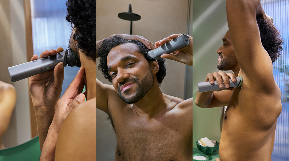 Muž používá hřebenové nástavce Philips MG5941/15 pro zastřihování vlasů, vousů a chloupků