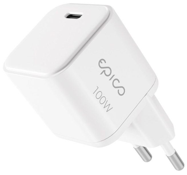 Bílý napájecí adaptér Epico UltraBoost Micro AVS GaN 100W s USB-C portem a výkonem 100 W