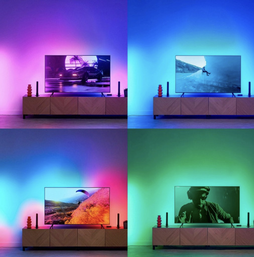 Barevné podsvícení televizoru se mění podle závodní hry, přírody, sportu a hudebního videa