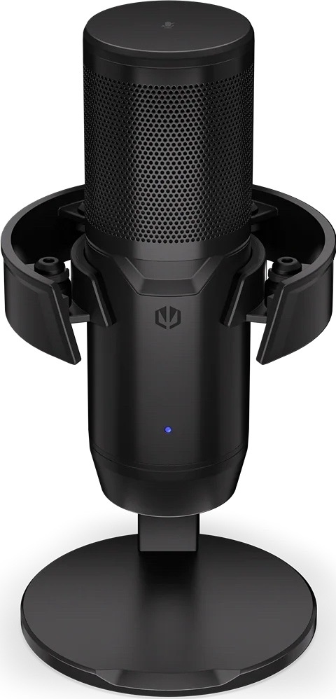 Mikrofon ENDORFY Solum 2 Core černý Přední pohled na mikrofon ENDORFY Solum 2 Core bez pop filtru, v antivibračním držáku na stolní základně.