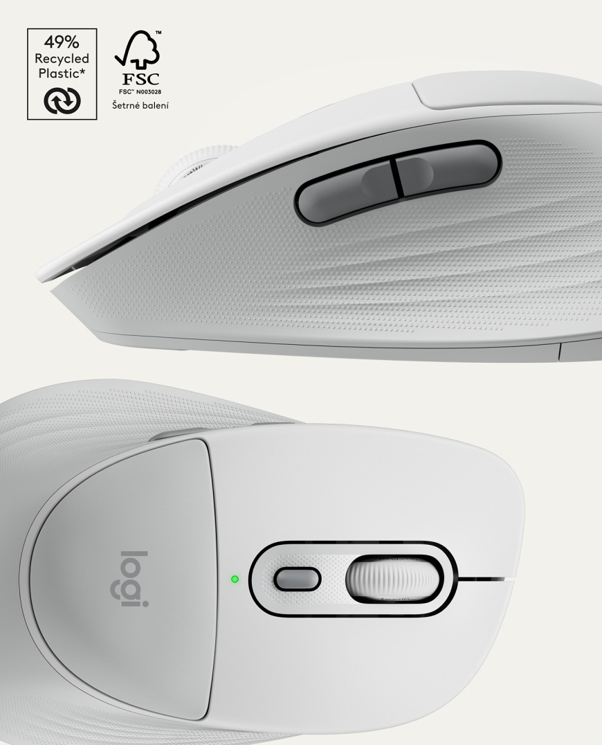 Boční pohled na Logitech Signature M850 L Wireless s označením recyklovaného plastu a šetrného balení
