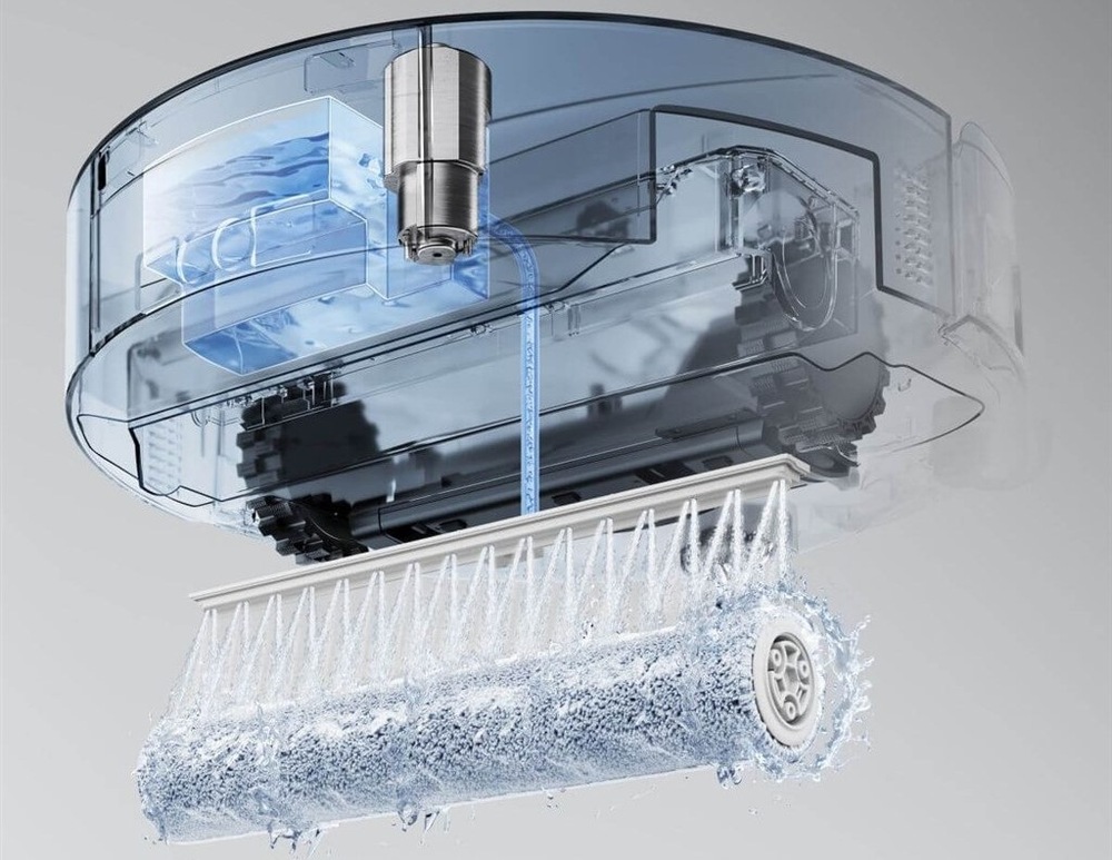 Robotický vysavač Ecovacs DEEBOT X12S OMNICYCLONE GOLD zlatý Obrázek znázorňuje vnitřní mopovací mechanismus robota, kdy se mopovací válec průběžně omývá vodou, aby se nečistoty nedostaly znovu do místnosti.