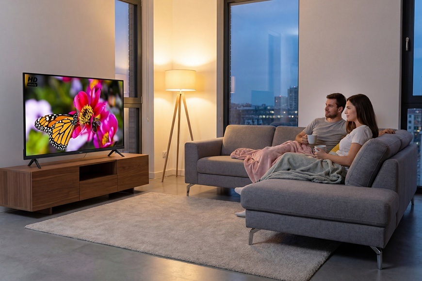 Televize Sencor SLE 3234 Televize Sencor SLE 3234 v moderním obývacím pokoji při večerním sledování televize.