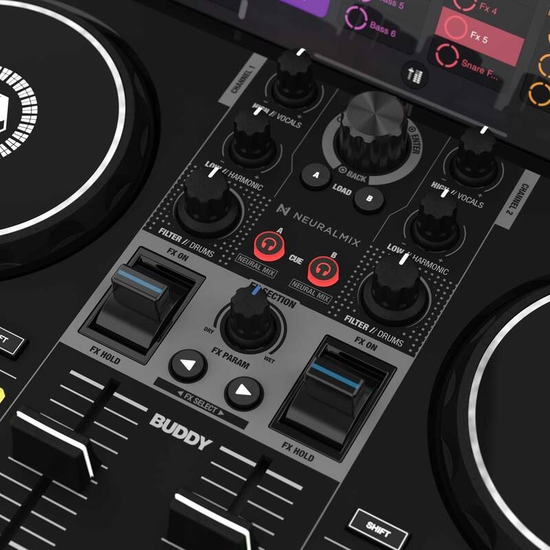 Mixážní pult Reloop Buddy černý Detail ovládací sekce Neural Mix, FX faderů a knobů na DJ kontroléru Reloop Buddy