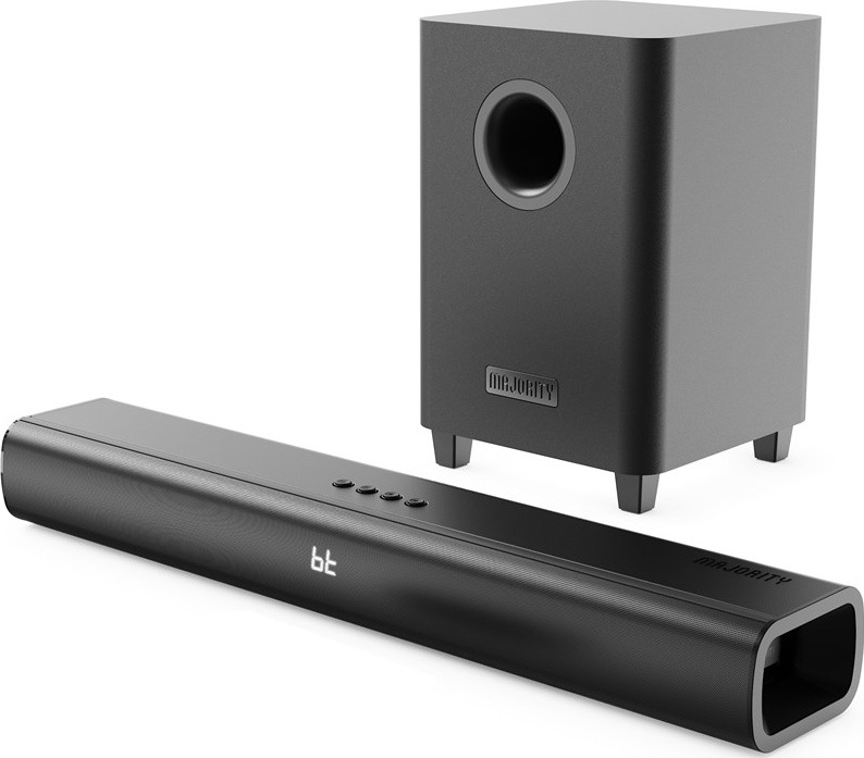 Na fotografii je soundbar Majority Naga 60 Plus s externím bezdrátovým subwooferem. Snímek zároveň potvrzuje, že soundbar má čelní LED displej zobrazující zvolený režim („bt“). Údaj „Displej: NE“ je tedy chybný a měl by být změněn na ANO.
