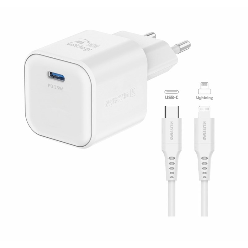 Nabíječka do sítě Swissten GAN 1x USB-C 35W PD + Datový kabel USB-C/Lightning 1,2 M bílá