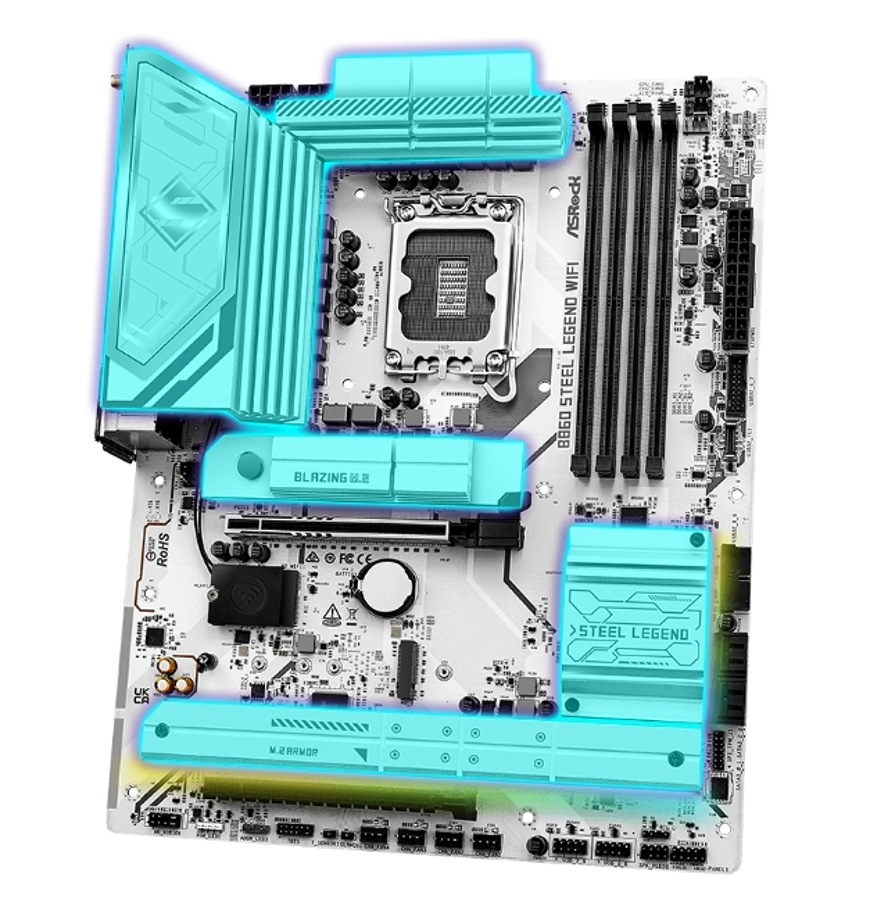 Základní deska ASRock B860 Steel Legend WiFi Zvýrazněné chladiče M.2 a VRM u základní desky ASRock B860 Steel Legend WiFi pro efektivní odvod tepla