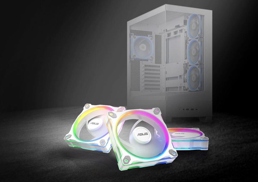 Ventilátor Asus PRIME MR120 ARGB White bílý Podsvícené ventilátory Asus PRIME MR120 ARGB před obrysem PC skříně