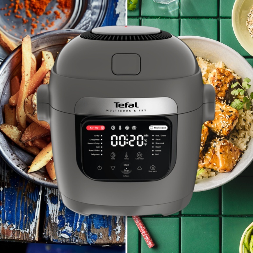 Multifunkční hrnec Tefal MY731BF0 Multicook and Fry s digitálním displejem umožňuje přípravu hranolků pomocí horkého vzduchu i rýže s lososem v jednom spotřebiči.