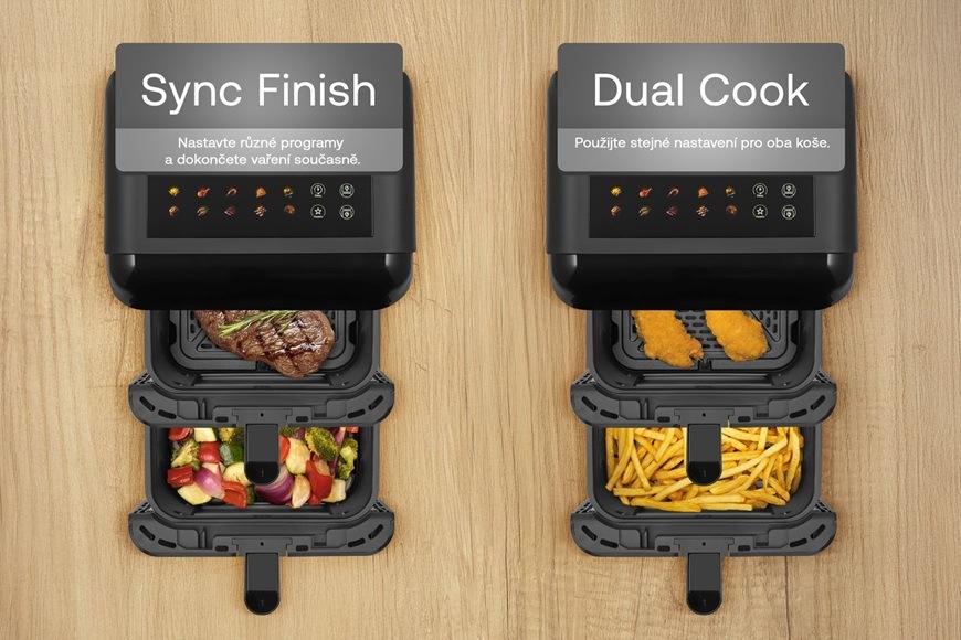 Fritéza horkovzdušná Sencor SFR 1250BK černá Horkovzdušná fritéza Sencor SFR 1250BK s funkcemi Sync Finish a Dual Cook, které umožňují připravovat dva různé pokrmy současně nebo použít stejné nastavení pro oba koše. Na obrázku je kombinace masa se zeleninou i hranolek s obalovanými kousky.
