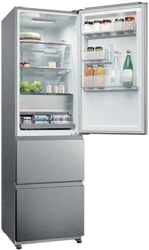 otevřená lednice Haier HTR3518DNMX plná potravin