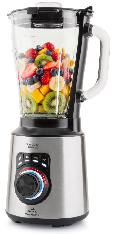 Stolní mixér ETA Twixer II 6012 90000 černý/nerez Skleněná nádoba mixéru ETA Twixer II plná nakrájeného ovocného smoothie