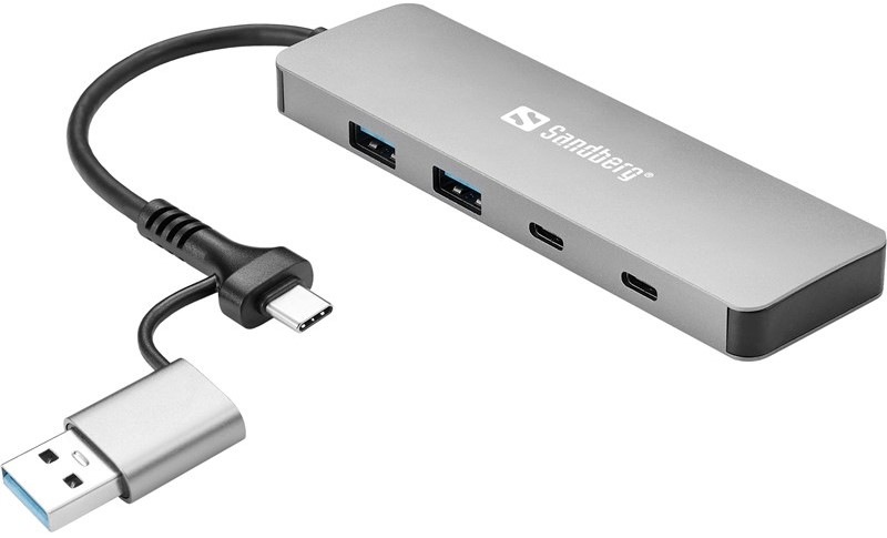 USB Hub Sandberg USB-C/A, 2× USB-A + 2× USB-C - stříbrný